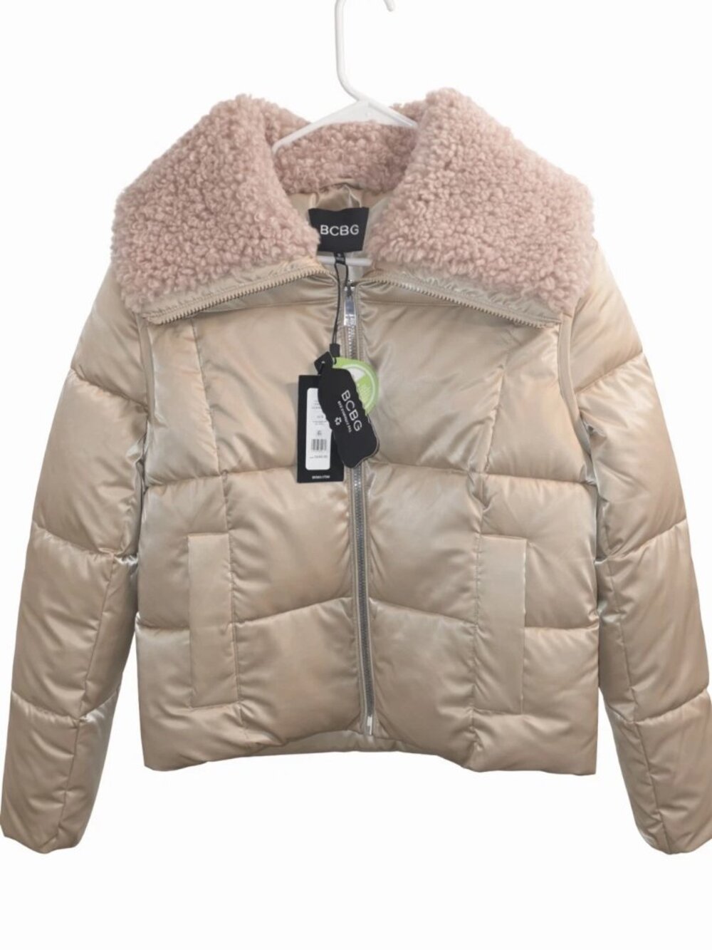 BCBG Women’s Puffer Jacket Champagne Faux Shearling Collar Large New